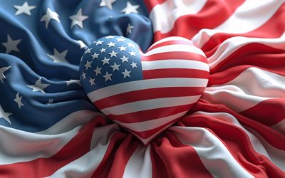 4k, I Love USA, silk wavy background, artwork, Day of USA, flag of USA, 3D art, heart with ameican flag, 3D hearts, american flag, USA, Love for USA, US flag