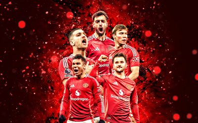 manchester united, 4k, premier lig, ingiliz futbol kulübü, kırmızı neon işıklar, manchester united futbolcuları, bruno fernandes, mason montajı, rasmus hojlund, diogo dalot, casemiro, futbol, manchester united fc