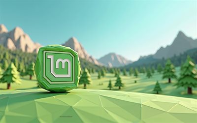 logo 3d linux mint, 4k, arte creativa, logo linux mint, polygon 3d summer paesace, linux mint, alberi verdi poligoni, montagna, emblema della menta linux, linux