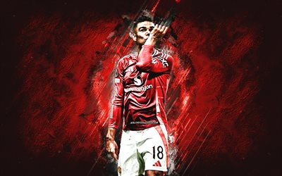 casemiro, manchester united fc, brezilyalı futbolcu, grunge art, futbol, adam birleşik, kırmızı taş arka plan, premier lig, ingiltere, carlos henrique casimiro, casemiro manchester united