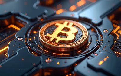 4k, logo bitcoin 3d, signe bitcoin en or, arrière plan de haute technologie, logo bitcoin, signe de bitcoin, contexte technologique, bitcoin, contexte avec signe bitcoin
