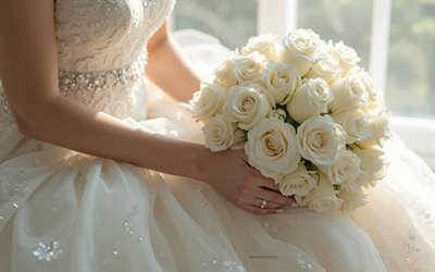 bouquet di rose bianche, bouquet nuziale, rose bianche, sposa con rose bianche, bouquet di nozze, concetti di matrimonio, sposa, rose, bouquet di rose