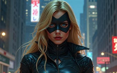 4k, canari noir, masque, super héros, bandes dessinées dc, art abstrait, paysage nocturne, art des bandes dessinées, black canary 4k