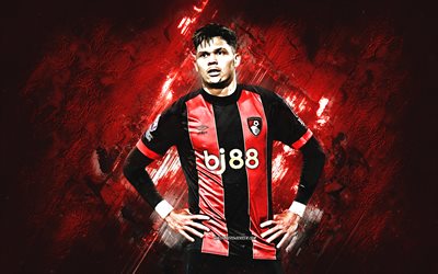 Evanilson, AFC Bournemouth, Brazilian footballer, red stone background, grunge art, Bournemouth, Premier League, England, football, Francisco Evanilson de Lima Barbosa, Evanilson Bournemouth