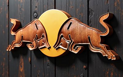 Red Bull logo, 4k, creative art, Red Bull 3d brown wooden logo, black wooden background, Red Bull 3d logo, Red Bull, 3d Red Bull emblem