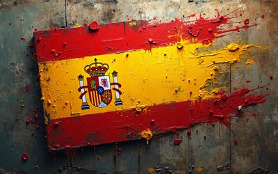 drapeau espagnol, 4k, les éclaboussures de peinture du drapeau espagnol, grunge, espagne, drapeau de l'espagne, fond grunge