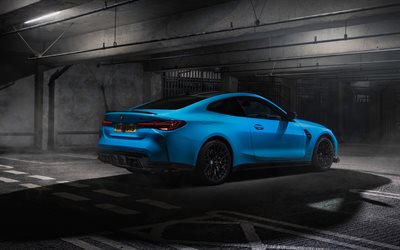 4k, BMW M4 CS, back view, parking, 2025 cars, UK-spec, supercars, G82, Blue BMW M4, HDR, BMW M4 G82, german cars, BMW