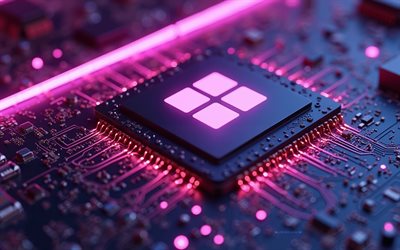 logo windows 11, 4k, windows 11 comme une puce 3d, carte mère, néons violets, logo 3d windows 11, logo windows, fenêtre, logo microsoft