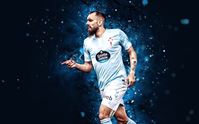 borja iglesias, 4k, mavi neon işıklar, celta vigo, la liga, ispanyol futbolcular, borja iglesias 4k, futbol futbolu, rc celta, borja iglesias celta vigo