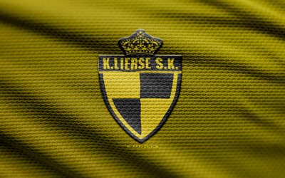 K Lierse SK fabric logo, 4k, yellow fabric background, Challenger Pro League, bokeh, soccer, K Lierse SK logo, football, K Lierse SK emblem, K Lierse SK, belgian football club, Lierse FC, Koninklijke Lierse Sportkring
