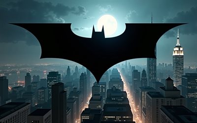 4k, バットマンのロゴ, ナイトニューヨークシティスケープ, バットマンのエンブレム, ブラックバットマンのロゴ, スーパーヒーロー, ニューヨーク, 夜