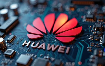 logo huawei, 4k, contexte technologique, logo 3d huawei, carte mère, emblème de huawei, logo huawei metal, huawei