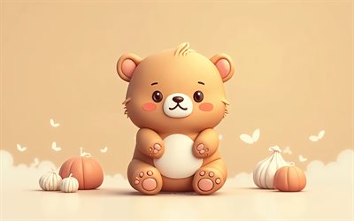 cartoon bear, 4k, minimal, brown backgrounds, cartoon 3D animals, bear minimalism, bear, 3D bears, cartoon bears