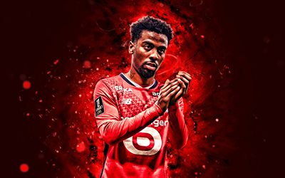 Angel Gomes, 4k, red neon lights, Lille, Ligue 1, English footballers, Angel Gomes 4K, football, soccer, Lille OSC, Lille Olympique Sporting Club, LOSC Lille, Angel Gomes Lille