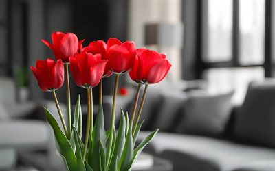 4k, rote tulpen, bokeh, frühlingsblumen, tulpsstrauß, schöne blumen, roter bouquet, tulpen, braut bouquet, frühling, hintergrund mit tulpen, rote blumen