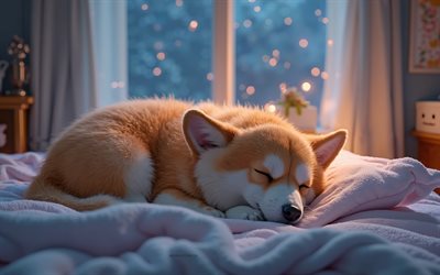 眠っているかわいいコーギー, おやすみ, 4k, 夜, 眠っている犬, コーギー, おやすみなさい, かわいい動物, 犬