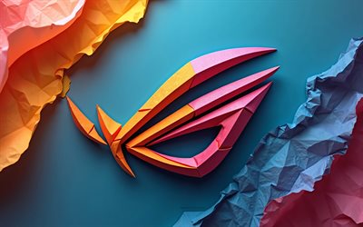 rog origami 3d logo, république des joueurs, fond de papier coloré, logo rog, rog, art origami, asus rog