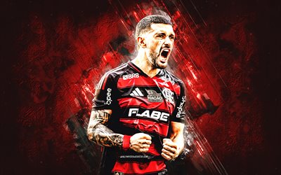 Giorgian De Arrascaeta, Flamengo, Uruguay football player, grunge art, red stone background, football, Serie A, Brazil, Clube de Regatas do Flamengo, Giorgian De Arrascaeta Flamengo