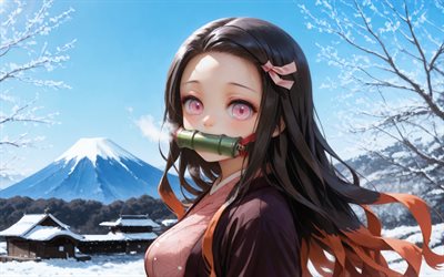 4k, 네즈코 카마도, 겨울, 악마 슬레이어, 키모노, 주역, 녹색 대나무 개그, 클로즈업, 악마 슬레이어 kimetsu no yaiba, 만화, 카마도 네즈코, 악마 사냥꾼, nezuko kamado kimetsu no yaiba