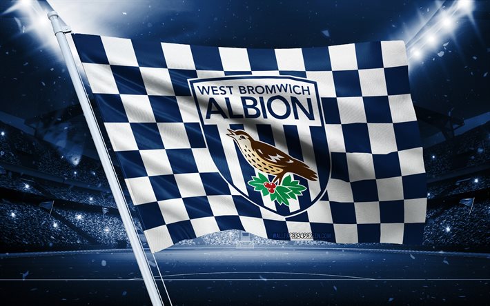 4k, West Bromwich Albion FC logo, English football club, stadium flag, West Bromwich Albion FC fans flag, blue white flag, West Bromwich Albion FC emblem, Championship, England, football