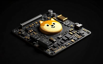 dogecoin işareti, 4k, yaratıcı sanat, dogecoin 3d logosu, anakart, kripto para birimi, dogecoin logosu, siyah teknoloji arka planı, dogecoin, kabuklu