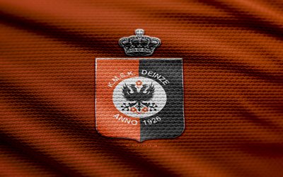 KMSK Deinze fabric logo, 4k, orange fabric background, Challenger Pro League, bokeh, soccer, KMSK Deinze logo, football, KMSK Deinze emblem, KMSK Deinze, belgian football club, Deinze FC