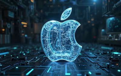 apple  logo, 4k, tumma hi tech tausta, apple neon  logo, sininen neonvalo, röntgenkuva, omenan tunnus, apple 3d  logo, omena, sininen omena neon  logo