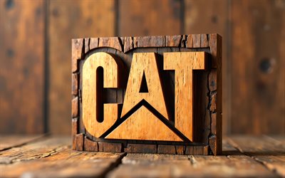 毛虫の木製のロゴ, 4k, ボケ, 木製の背景, クリエイティブ, caterpillar 3dロゴ, 猫, caterpillarロゴ, メーカーブランド, キャタピラー, 猫のロゴ