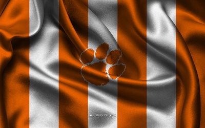 4k, Clemson Tigers logo, orange white silk fabric, American football team, Clemson Tigers emblem, NCAA, Clemson Tigers, USA, American football, Clemson Tigers football, National Collegiate Athletic Association