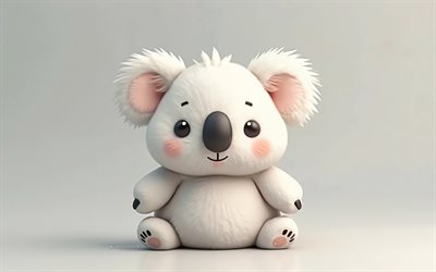 dibujos animados koala, 4k, mínimo, fondos grises, animales 3d de dibujos animados, minimalismo de koala, coala, bears 3d, caricatura koalas