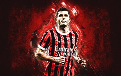 christian pulisic, ac mailand, grunge  kunst, amerikanischer fußballer, mailand, roter steinhintergrund, serie a, italien, fußball, christian pulisic ac mailand