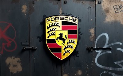 4k, logo porsche, graffiti sul muro, grunge art, creative grunge art, porsche graffiti, porsche