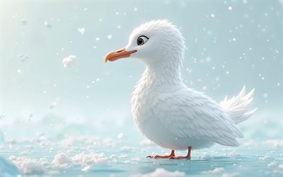 4k, söpö 3d norsunluu lokki, sarjakuva 3d norsunluu lokki, söpöt linnut, norsunluun lokki, 3d  lintu, sarjakuva 3d  eläimet, hauska norsunluu lokki, pikku norsunluun lokki, talvitausta