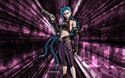 4k, arcano jinx, fondo de rayos morados, piel arcana jinx, arcano jinx fortnite, arte abstracto, fortnite arcane jinx skin, personajes de fortnite, fortnita, arte creativo