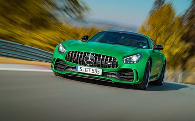 mouvement, en 2017, la Mercedes-AMG GT R, route, supercars, flou, vert Mercedes