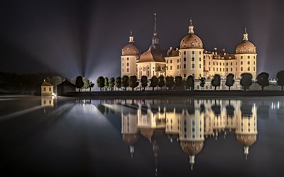 antiguos castillos, la noche, el castillo de Moritzburg, Alemania, castillos alemanes