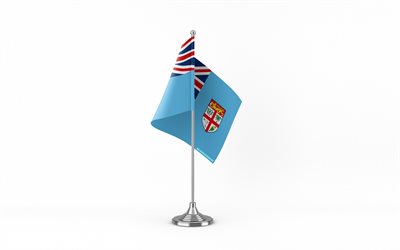4k, bandera de mesa de fiji, fondo blanco, bandera de fiji, bandera de fiji en un palo de metal, símbolos nacionales, fiji