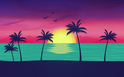 playa abstracta, 4k, creativo, siluetas de palmeras, paraíso, paisajes abstractos, luna, mar
