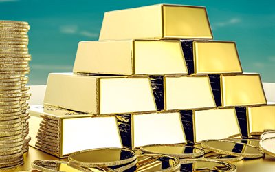 goldbarren, 4k, goldberg, 3d  goldmünzen, goldreserven, geschäft, geld, finanzen, goldener hintergrund