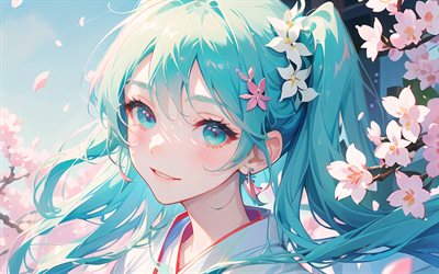 Hatsune Miku, spring, Vocaloid, protagonist, manga, pink flowers, Vocaloid characters, japanese virtual singers, Hatsune Miku Vocaloid