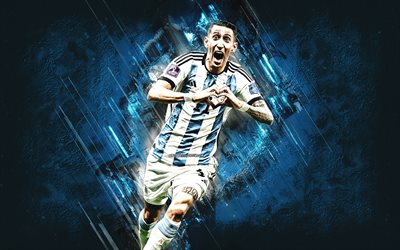 angel di maria, argentiinan kansallinen jalkapallojoukkue, argentiinalainen jalkapalloilija, keskikenttäpelaaja, sininen kivitausta, grunge  taide, argentiina, jalkapallo