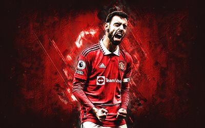 Bruno Fernandes, Manchester United FC, Portuguese football player, midfielder, red stone background, Premier League, England, football