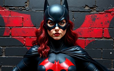 bateador, 4k, pintada, superhéroes, arte callejero, dc comics, muro de ladrillo negro, graffiti de batwoman, noche, katherine kane, batwoman 3d, kate kane, fan art, batwoman 4k