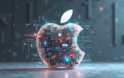Apple logo, 4k, techno art, gray hi-tech background, Apple 3D logo, Apple emblem, Apple sign, Apple