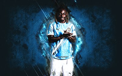 jeremy doku, manchester city fc, jogadores de futebol belgas, fundo de pedra azul, arte grunge, futebol, premier league, inglaterra, jeremy doku manchester city