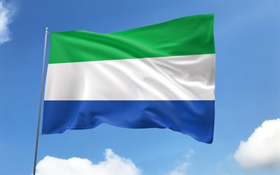 Galapagos flag on flagpole, 4K, Ecuadorian provinces, blue sky, flag of Galapagos, wavy satin flags, Galapagos flag, Provinces of Ecuador, flagpole with flags, Day of Galapagos, Ecuador, Galapagos Province, Galapagos
