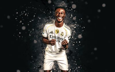 4k, eduardo camavoso, fondo abstracto negro, real madrid fc, la liga, futbolistas franceses, eduardo camavosa 4k, luces neón blancas, fútbol americano, real madrid, fútbol, laliga, real madrid cf, eduardo camavavinga real madrid