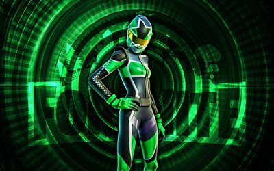 Green Pitstop Fortnite, 4k, green spiral background, Fortnite, creative, Green Pitstop Skin, Fortnite Green Pitstop Skin, Green Pitstop, Fortnite characters