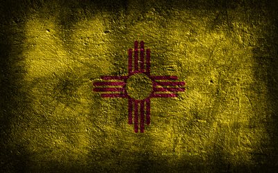 4k, 뉴멕시코 주 깃발, 돌 질감, 뉴멕시코 주의 국기, 뉴멕시코 국기, 뉴멕시코의 날, 그런지 아트, 뉴 멕시코, 뉴멕시코주, 미국 주, 미국