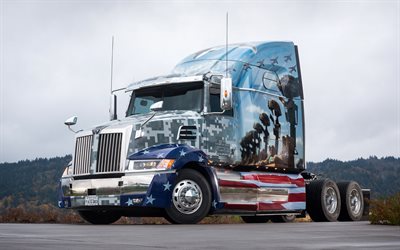 western star 5700, camión americano, exterior, vista frontal, bandera estadounidense, 5700xe, dibujos en camiones, camiones, ee uu, western star